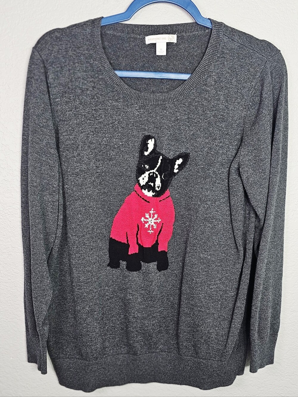 Westport 1962 French Bulldog Sweater XL Gray Red Dog Winter Knit